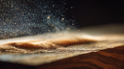 Sandpaper smoothing rough cedar plank with floating dust particles