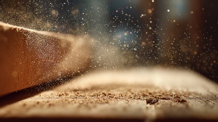 Sandpaper smoothing rough cedar plank with floating dust particles