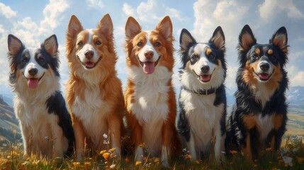 Group of Five Fluffy Corgi Dogs Standing in a Meadow with Sunny Sky and Distant Mountain Background
