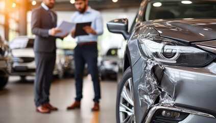 Damaged car, two men, dealership