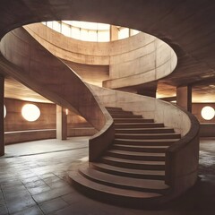 Concrete Spiral Staircase inside a Minimalist Architectural Building with Round Windows and Natural