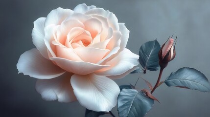 咲き誇るバラの淡いピンク色のクローズアップと青みがかった葉と芽と灰色の背景