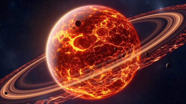 A fiery planet with molten surface and prominent rings is depicted in a space environment, with two moons visible.