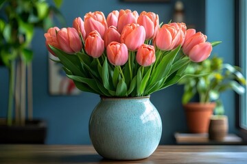桃色のチューリップのブーケが水色の花瓶に飾られ木製のテーブルに置かれた室内静物