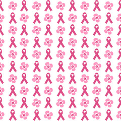 Pink ribbons and flowers seamless pattern on a white background. Support, solidarity concept. Vector illustration.