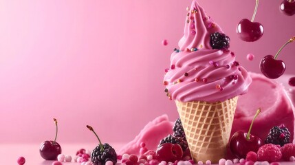 ピンク色の背景にピンク色のソフトクリームのコーン ブラックベリーとチェリーの明るいショット