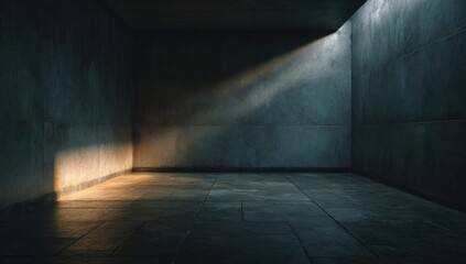 Empty, dimly lit concrete room with a light beam