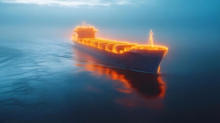 大型貨物船の夜間航海 ブルーとオレンジの光が水面を照らす