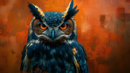 Dramatic Owl Portrait with Intense Gaze and Orange Eyes in Front of Abstract Orange Background