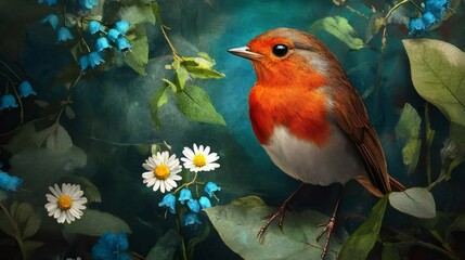 オレンジ色のロビンが花と緑の葉の背景に止まっています