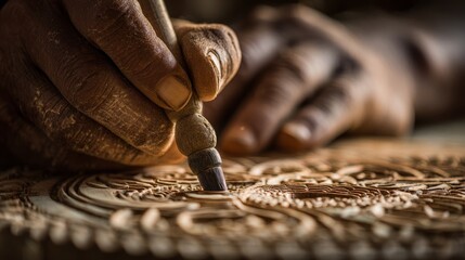 Hands carving intricate wooden details with traditional chisel