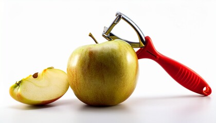 isolated white background apple fruit peeling with red peeler