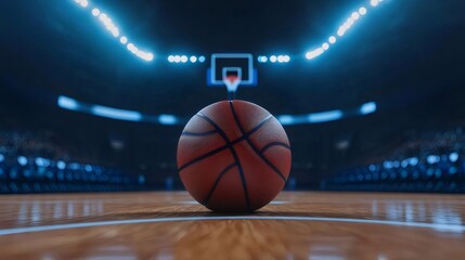 Basketball on Polished Court Under Arena Lights Center Focus Reddish Brown Ball