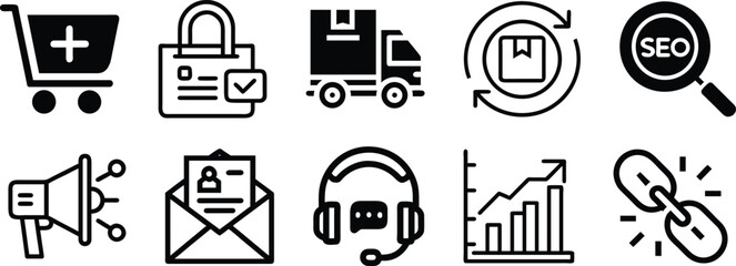 Business & Marketing Icon, Collection of black and white business and marketing icons in silhouette style isolated on white background