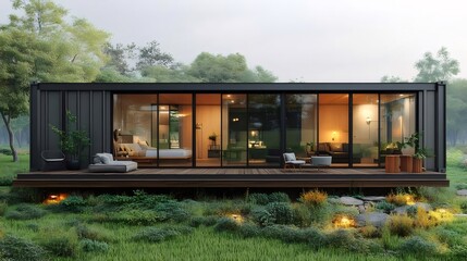 黒いコンテナハウスの緑豊かな風景と木製のデッキ テラスのある暖かいインテリア