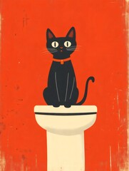 黒猫が白い台座に座り赤い背景に描かれたイラスト