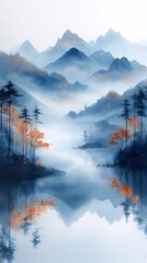 水墨画風の山々の風景 水面に映る木々 深い青色と橙色が織りなす静寂な抽象画