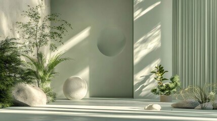 Minimalist Interior with Light Green Walls Plants and Geometric Accents