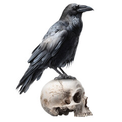 Raven perched on skull isolated on white background