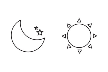 Time of the day signs. Rising and setting sun icon, crescent moon and stars, day and night time symbols. Vector illustration.