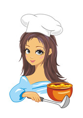 Cute girl cook loves to cook porridge