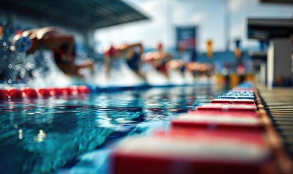 Blurred swimmers diving into pool