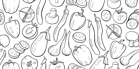 Trendy fall vegetable seamless pattern. Modern autumn doodle line vector illustration. Black line art harvest concept