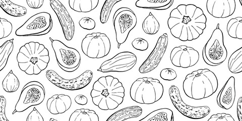 Autumn pumpkin and zucchini pattern in doodle style. Suitable for decorating autumn holidays, Halloween, various food items and fun prints