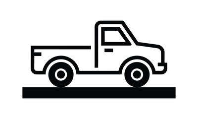 Fototapeta premium Minimalist black and white line drawing of a pickup truck facing right with open bed and round wheels on white background