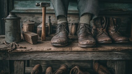 Worn leather shoes on rustic workbench, tools and other items surrounding