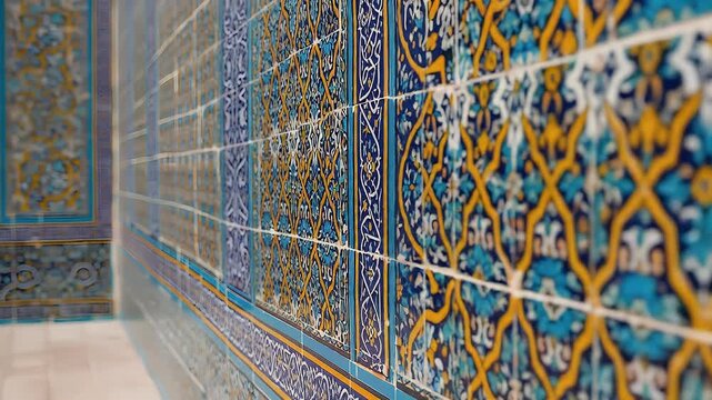 Intricate ceramic tilework adorns a wall, featuring a repeating pattern of blue, yellow, and white floral and geometric designs.