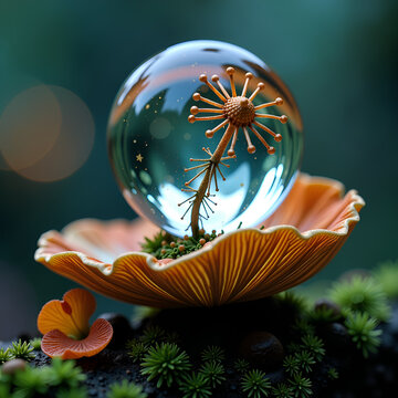 Levitating Micro-Kinetic Glass Sphere on Bioluminescent Fungus Pedestal
