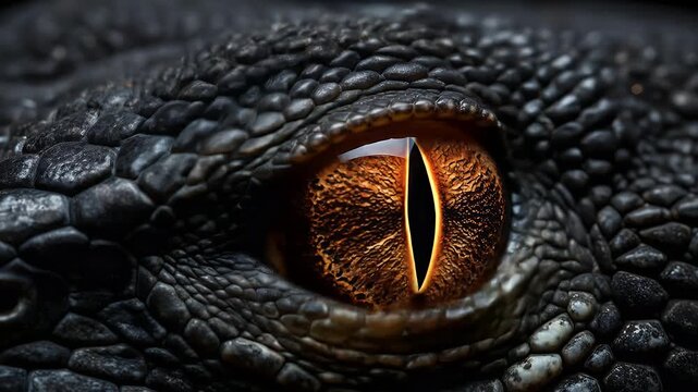 Extreme close-up of a reptile's eye, showcasing its orange iris, black pupil, and textured, scaled skin in dark tones.