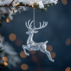 Christmas Silver glitter reindeer ornament hanging from a snow covered branch with bokeh lights background scene