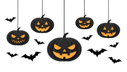 Hanging halloween pumpkins and bats isolated on transparent background