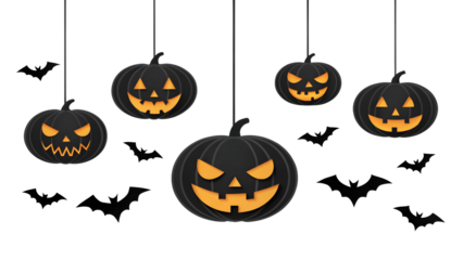 Hanging halloween pumpkins and bats isolated on transparent background