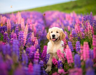 Golden retriever puppy in vibrant flower field