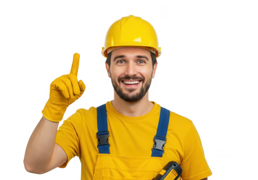 Construction worker pointing upward isolated on transparent background
