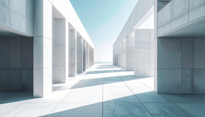 Architectural Expanse A Minimalist Corridor of Concrete Columns Casting Shadows Under a Clear Sky, Evoking a Sense of Modern Serenity and Clean, Geometric Design