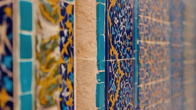 Close-up of intricate blue and yellow tilework with floral and geometric patterns on a building exterior.