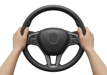 Hands holding a modern steering wheel isolated on transparent background