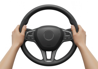Hands holding a modern steering wheel isolated on transparent background