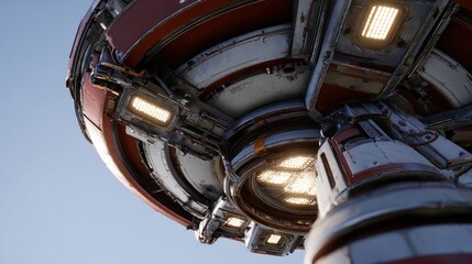 Low-angle view of a futuristic, round, mechanical structure