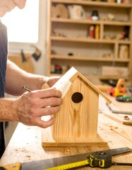 Woodworker crafting birdhouse