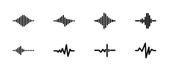 Sound wave icons set. A collection of different audio waves, equalizers, and voice recording symbols for music and technology applications.