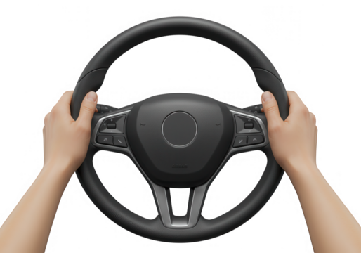 Hands holding a modern steering wheel isolated on transparent background