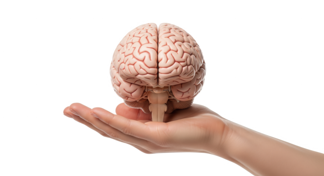 Human brain model on hand for medical education and neuroscience research concept of intelligence and memory on transparent background