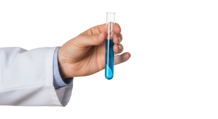 Scientist holding test tube with blue liquid medical research and science laboratory experiment concept on transparent background