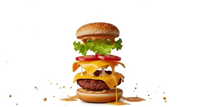 Exploded view of a hamburger with ingredients floating in midair, isolated on white background animated 4k video