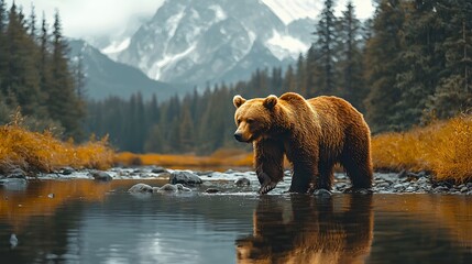 Majestic brown bear walks through a clear mountain stream surrounded by pine forests and reflected in the water against a backdrop of majestic